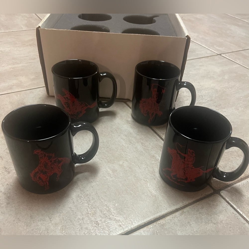 Marlboro Set of 4 Black with Red Vintage Cowboy Charging Bronco Coffee Cups Mugs